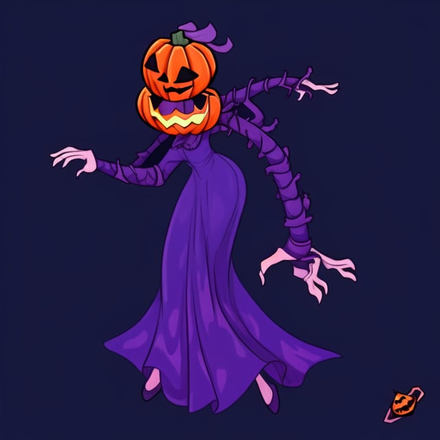 Jack-o-lantern-headed lady, covered in vines, big hands [Geometrical, bendy, toy-like mute color artstyle, full body]
