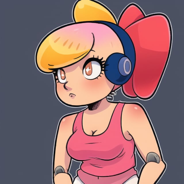 Peach (fruit) robot, female, tanktop, ponytail,