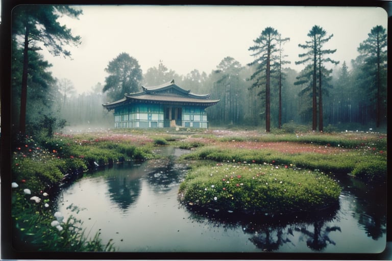 tarkovsky polaroid, in the forest, misty woods, flowers, garden, temple
