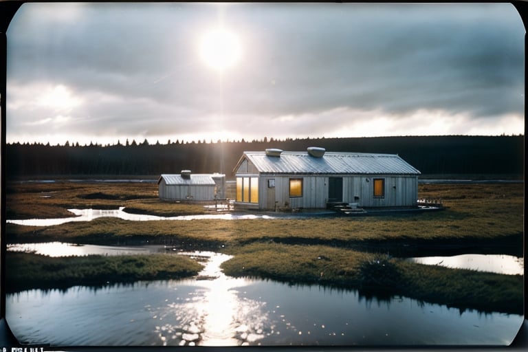 tarkovsky polaroid, peatland, advanced architecture, offgrid houses, lights, utopia