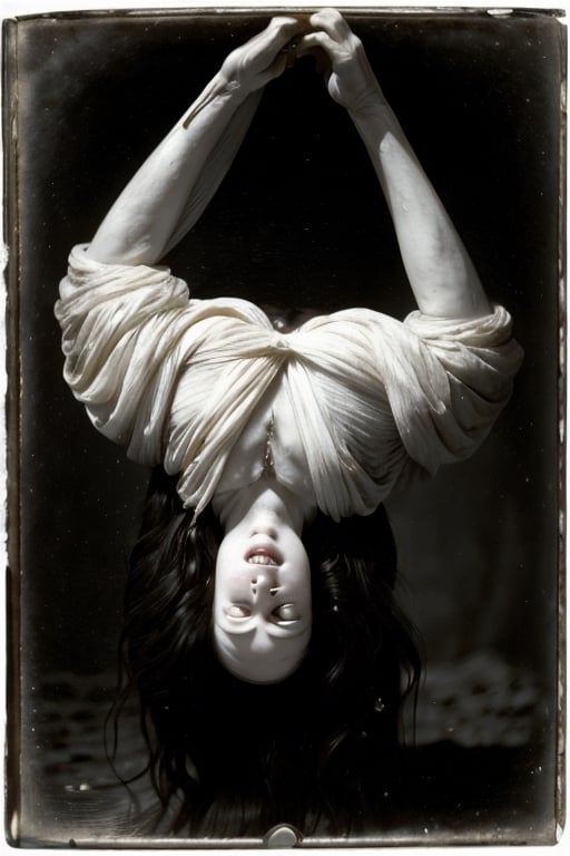 daguerreotype photograph, of ghost, scary woman, white-eyes, upside down with hair down with gravity, long hair, tangled hair, dirty clothe, pale skin