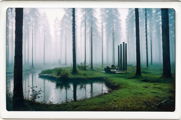 tarkovsky polaroid, tablet, with mechanical keyboard, mini, forest, misty woods, 
