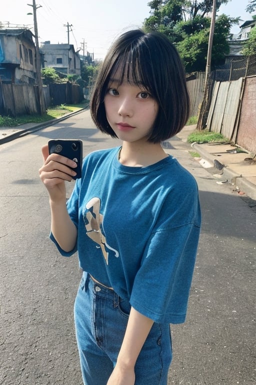 vhs style photograph, vhs artifacts, grainy,  wide angle, selfie, wide angle selfie, aesthetic girl, closed up, pretty, jpop, jpop idol, bob_cut, tangled hair, near slum, park, nogizaka46