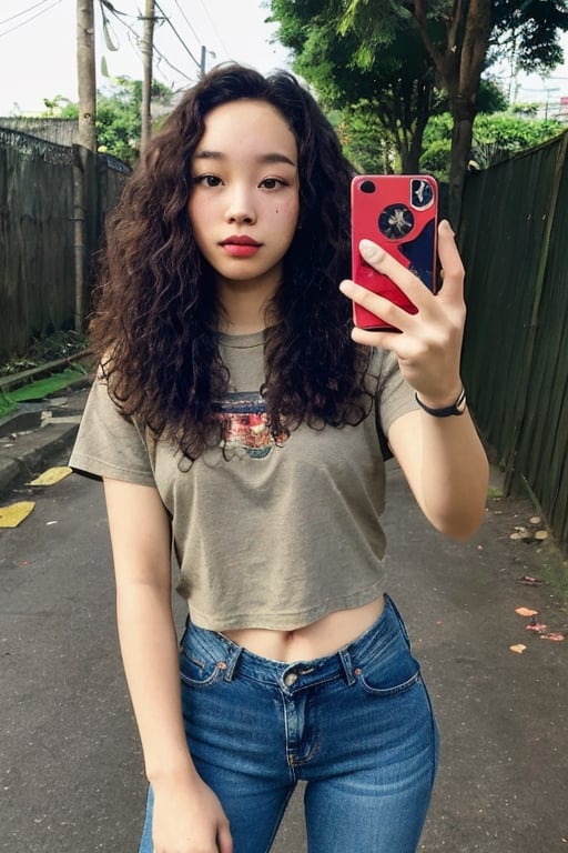 vhs style photograph, vhs artifacts, grainy,  wide angle, selfie, closed up, aesthetic girl, pretty, jpop, tangled hair, curly hair, near slum, park, dark brown hair, indonesian mixed race, jeans