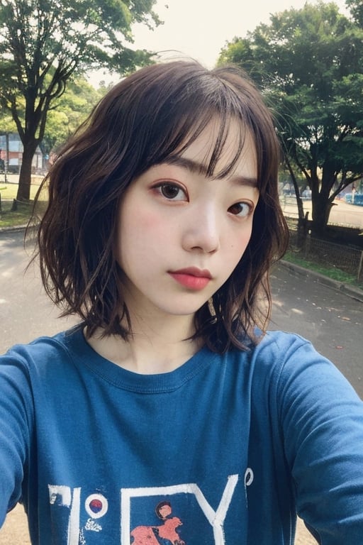 vhs style photograph, vhs artifacts, grainy,  wide angle, selfie, wide angle selfie, aesthetic girl, closed up, pretty, jpop, jpop idol, bob_cut, tangled hair, near slum, park, nogizaka46, dark brown hair