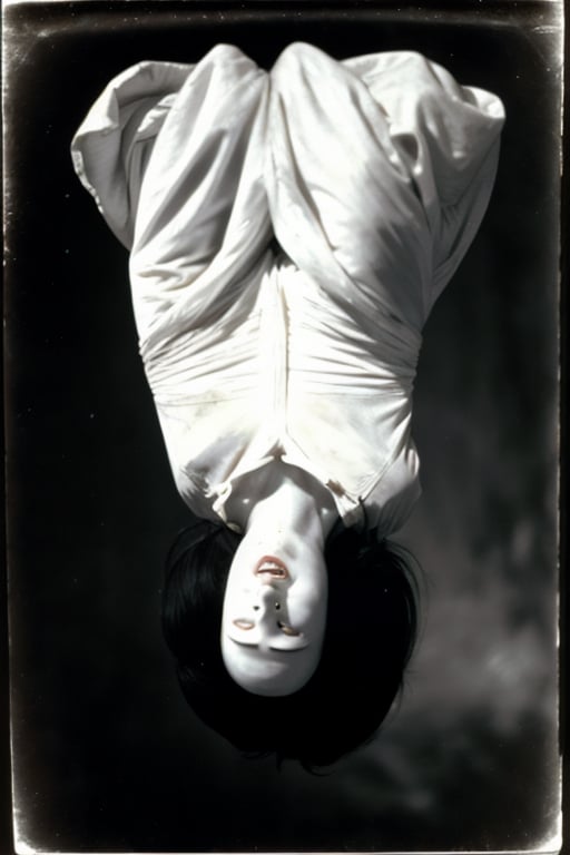 daguerreotype photograph, of ghost, scary woman, white-eyes, upside down with hair down with gravity, pale skin