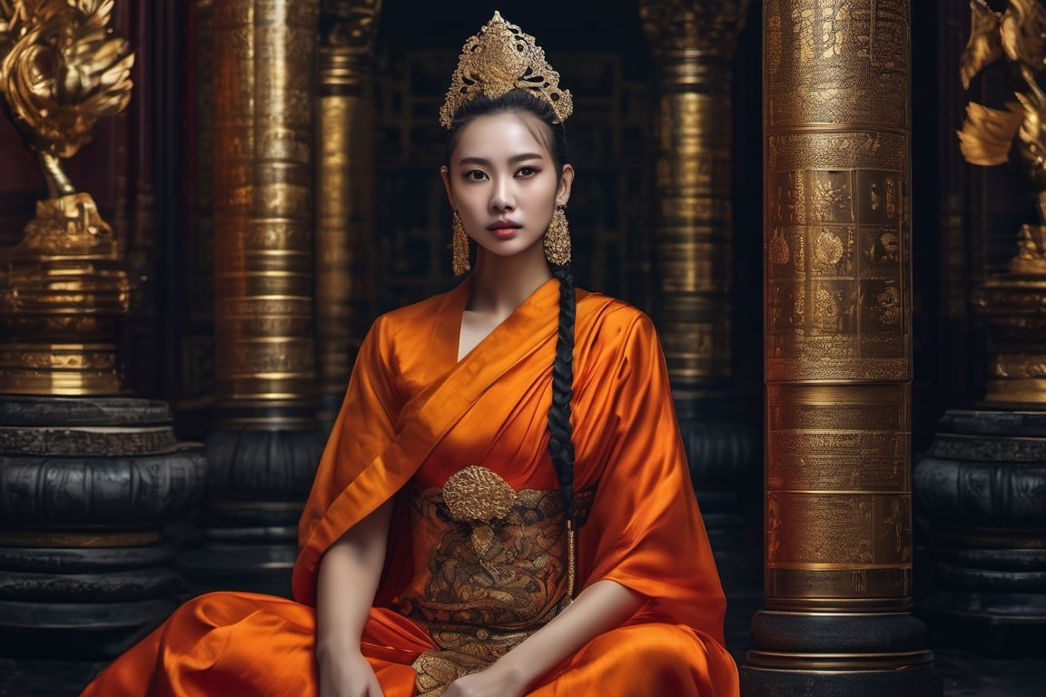 portrait,man, photorealistic, masterpiece, best quality, raw photo,  Buddhist monk in orange dress, in lotus position, praying in a temple with gilding, columns with drawings and a large statue of Buddha. 8k, award winning photo, extremely detailed, amazing, fine detail, absurdres, highly detailed woman, skirt,red hair, by lee jeffries, nikon d850 film, stock photograph, kodak, portra 400 camera f1.6 lens, rich colors, hyper realistic, lifelike texture, dramatic, lighting, unrealengine, trending on artstation, cinestill 800 tungsten,(facial clarity:1.5),(transparent clothes:1.1),anatomical, gothic style, black lace, half classicism half surrealism aristocratic lady, mystery style, étincelle dress, colorful, darl background,flower armor, good anatomy, best quality, (((masterpiece))), high quality, realist, best detailed, 