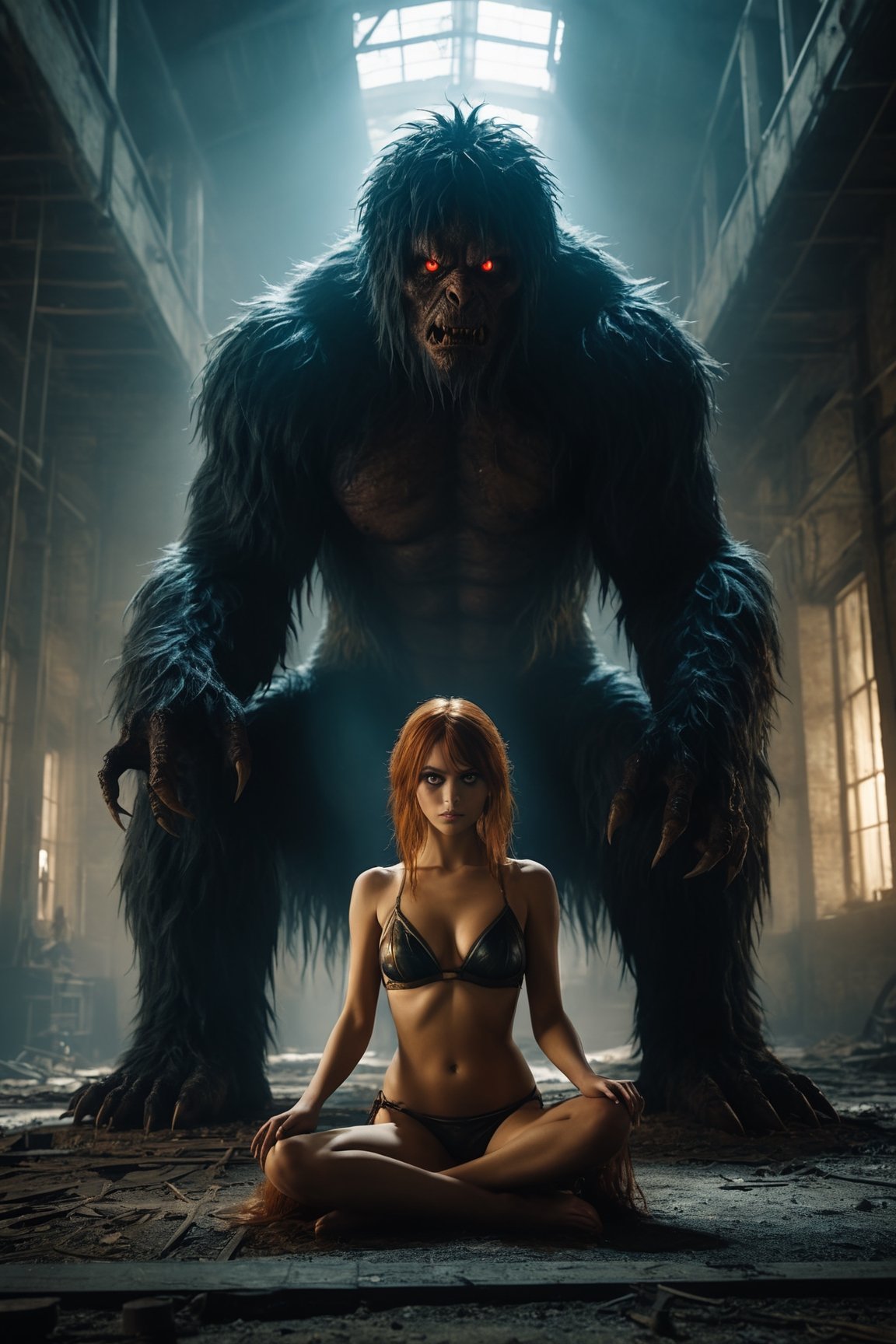 4k, UHD, HDR, (Masterpiece:1.5), (best quality:1.5), ultra detailed, cinematic photo, natural light, detailed reflection light, dark fantasy art, ((horror and dramatic)), 18 years old girl, wearing bikini, big boobs, shaggy breast, large breast, sitting on the monster in human form in the ruined factory, they are romantic couple, ((redish glowing eyes), magical circle behind, Movie Still, closeup, monster,