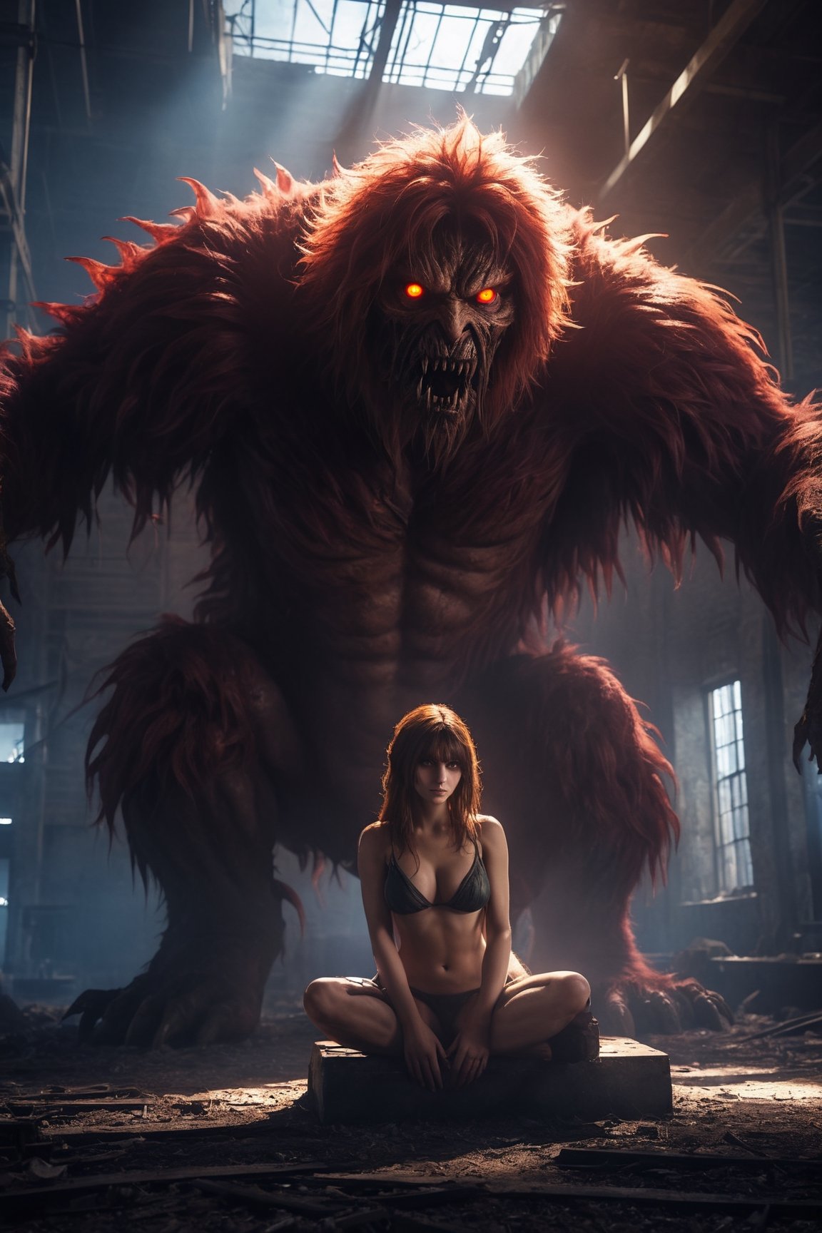 4k, UHD, HDR, (Masterpiece:1.5), (best quality:1.5), ultra detailed, cinematic photo, natural light, detailed reflection light, dark fantasy art, ((horror and dramatic)), 18 years old girl, wearing bikini, big boobs, shaggy breast, large breast, sitting on the monster in human form in the ruined factory, they are romantic couple, touching each other, ((redish glowing eyes), magical circle behind, Movie Still, closeup, monster,