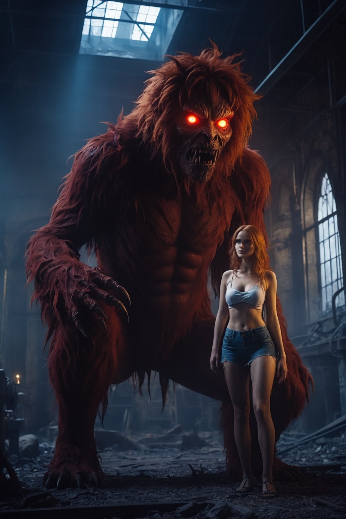 4k, UHD, HDR, (Masterpiece:1.5), (best quality:1.5), ultra detailed, cinematic photo, natural light, detailed reflection light, dark fantasy art, ((horror and dramatic)), 18 years old girl, wearing bikini, big boobs, shaggy breast, large breast, sitting on the monster in human form in the ruined factory, they are romantic couple, touching each other, ((redish glowing eyes), magical circle behind, Movie Still, closeup, monster,