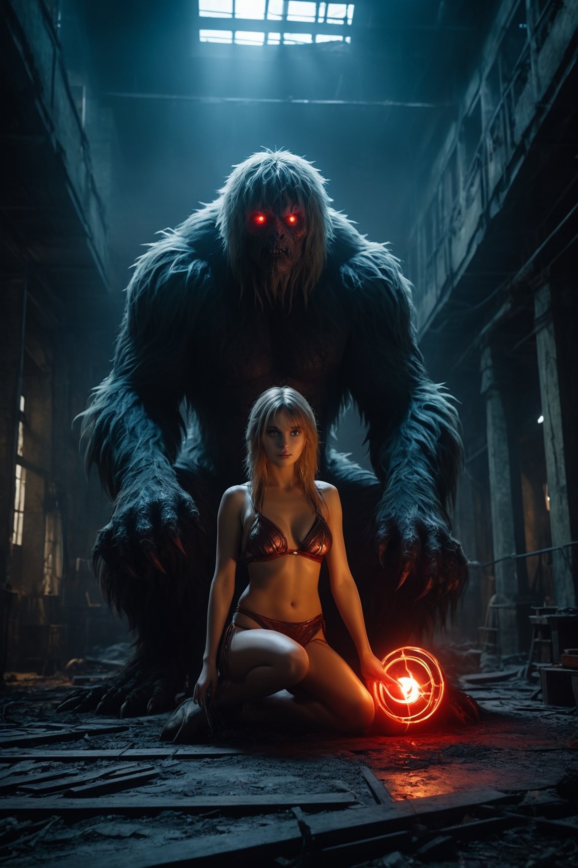 4k, UHD, HDR, (Masterpiece:1.5), (best quality:1.5), ultra detailed, cinematic photo, natural light, detailed reflection light, dark fantasy art, ((horror and dramatic)), 18 years old girl, wearing bikini, big boobs, shaggy breast, large breast, sitting on the monster in human form in the ruined factory, they are best friend, ((red glowing eyes), magical circle behind, Movie Still, closeup, monster,