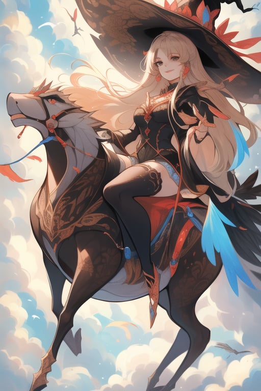 (best quality, masterpiece, colorful, dynamic angle) a sexy witch, riding a flying dragon, above the clouds, big witch hat, smiling, beautiful colorful background, birds, (intricate details, hyperdetailed:1.15, extreme detailed, highest detailed), sml76,yuzu