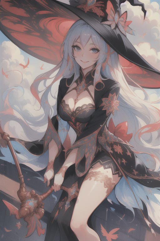 (best quality, masterpiece, colorful, dynamic angle) a sexy witch, riding a flying broomstick, above the clouds, big witch hat, smiling, beautiful colorful background, birds, (intricate details, hyperdetailed:1.15, extreme detailed, highest detailed), sml76,yuzu