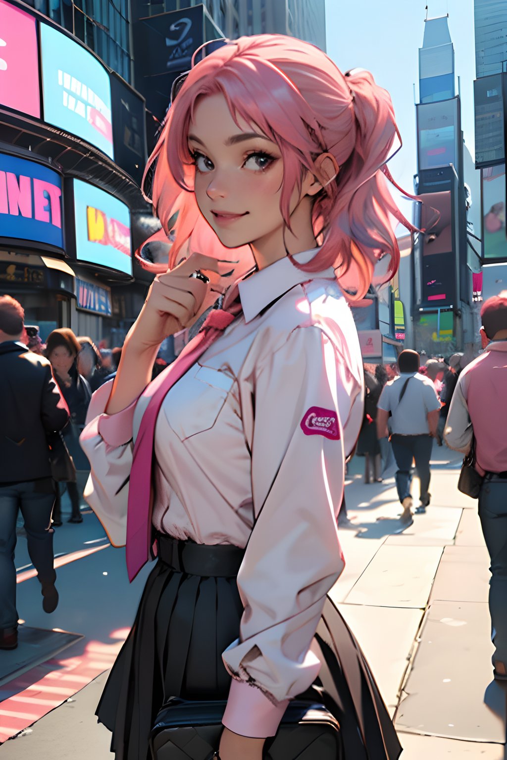 best quality,masterpiece,8k,1girl,(pink hair:1.8),cowboy shot,day,light smile,school uniform,Times Square USA