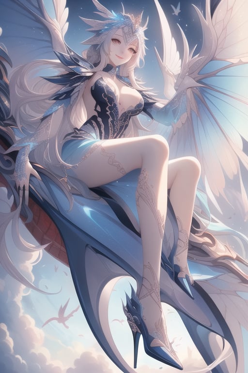 (best quality, masterpiece, colorful, dynamic angle) a sexy mage, beautiful detailed eyes:1.2,best illumination, (best shadow, an extremely delicate and beautiful, Anime face,2.5D,8k, Beautiful facial ,gigantic hanging breasts,features,bloom),dragon_real,riding a flying dragon, above the clouds, mage hood, smiling, beautiful colorful background, distopian city on fire, (intricate details, hyperdetailed:1.15, extreme detailed, highest detailed), sml76,yuzu,high heel