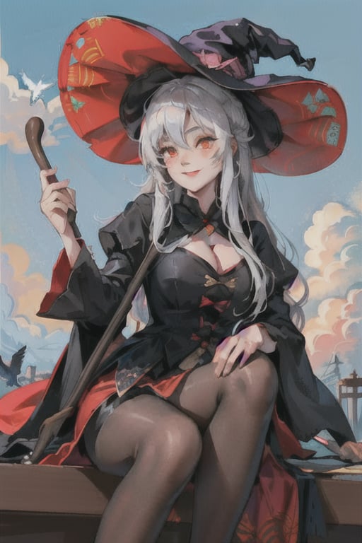 (best quality, masterpiece, colorful, dynamic angle) a sexy witch, riding a flying broomstick, above the clouds, big witch hat, smiling, beautiful colorful background, birds, (intricate details, hyperdetailed:1.15, extreme detailed, highest detailed), sml76,