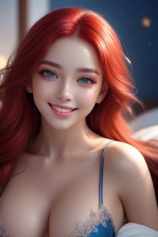 best quality,masterpiece,8k,1girl,(red hair:1.8),8k eyes blue, ,extremely_beautiful_detailed_anime_face_and_eyes,an extremely delicate and beautiful smile,dynamic angle, cinematic camera, dynamic pose,depth of field,chromatic aberration,backlighting,Watercolor, Ink, epic, candystyle, ,style,r1ge,Angelic gorgeous perfect eyes, fantastic face, caucasian, cleavage, beautiful look, detailed elegant erotic seethru underwear revealing nipples,brown and blue palette, ultra focus, face ilumined, face detailed, 8k resolution, painted, dry brush, brush strokes, razumov style and garmash style , trending on artstation, sharp focus, studio photo, intricate details, highly detailed, by greg rutkowski,Best quality, masterpiece, ultra high res, (photorealistic:1.4), 8K raw photo, (fractal art:1.4), cinematic lighting, rim lighting, highly detailed, official art, flawless, sharp focus1girls, negligee, masterpiece, best quality, highly detailed,having fun on bed,1 girl,perfecteyes naked girl in bed , best quality, 8k, smile,