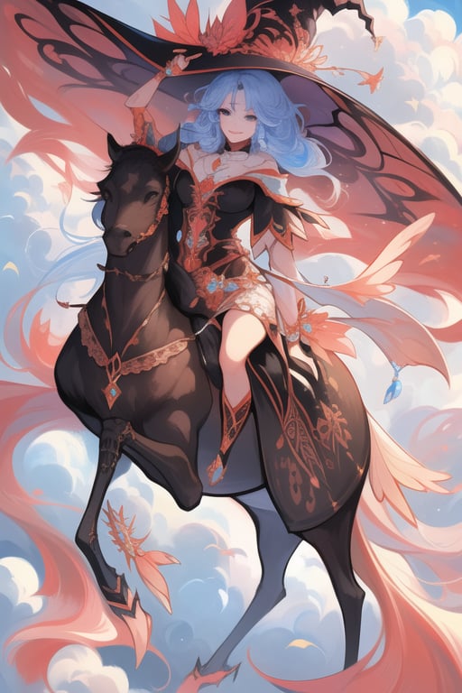 (best quality, masterpiece, colorful, dynamic angle) a sexy witch, riding a flying dragon, above the clouds, big witch hat, smiling, beautiful colorful background, birds, (intricate details, hyperdetailed:1.15, extreme detailed, highest detailed), sml76,yuzu