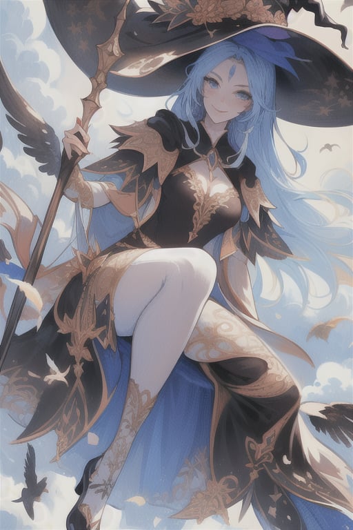 (best quality, masterpiece, colorful, dynamic angle) a sexy witch, riding a flying broomstick, above the clouds, big witch hat, smiling, beautiful colorful background, birds, (intricate details, hyperdetailed:1.15, extreme detailed, highest detailed), sml76,yuzu