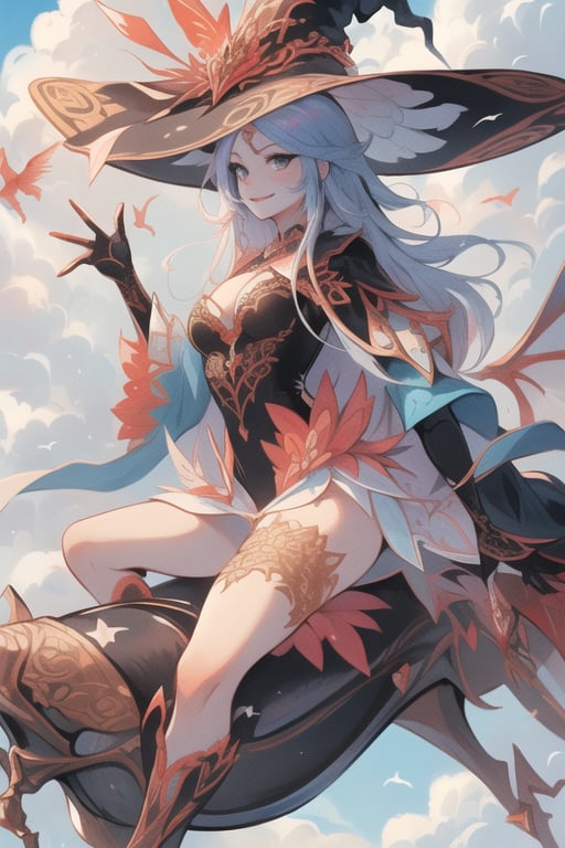 (best quality, masterpiece, colorful, dynamic angle) a sexy witch, riding a flying dragon, above the clouds, big witch hat, smiling, beautiful colorful background, birds, (intricate details, hyperdetailed:1.15, extreme detailed, highest detailed), sml76,yuzu