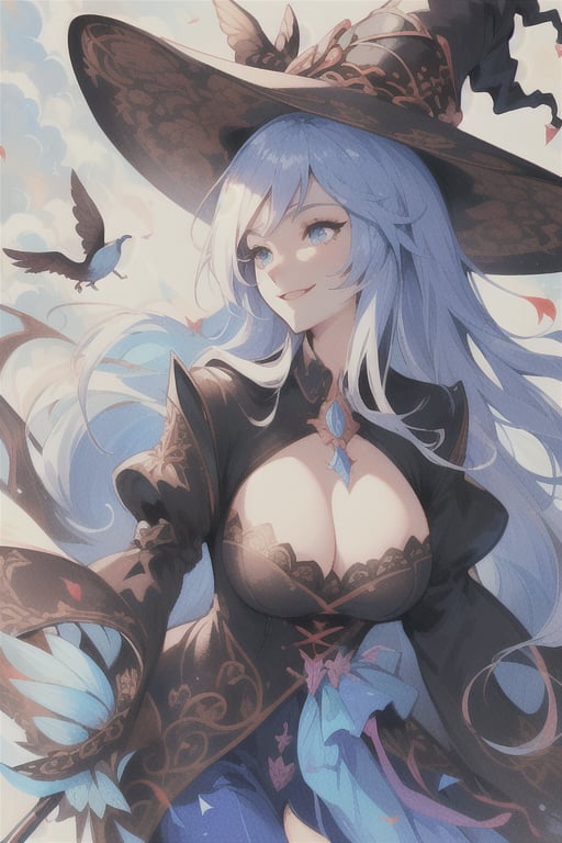 (best quality, masterpiece, colorful, dynamic angle) a sexy witch, riding a flying broomstick, above the clouds, big witch hat, smiling, beautiful colorful background, birds, (intricate details, hyperdetailed:1.15, extreme detailed, highest detailed), sml76,yuzu