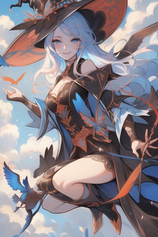 (best quality, masterpiece, colorful, dynamic angle) a sexy witch, riding a flying dragon, above the clouds, big witch hat, smiling, beautiful colorful background, birds, (intricate details, hyperdetailed:1.15, extreme detailed, highest detailed), sml76,yuzu