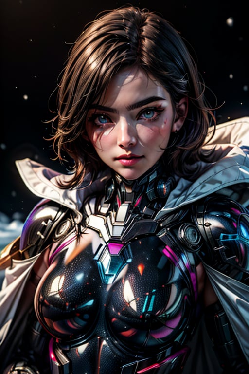 masterpiece,best quality,(photorealistic:1.4),(ultra detailed:1.3), mecha Female Arcane Technomancer: A skilled spellcaster with cybernetic implants that amplify magical prowess, combined with a neural interface for hacking into arcane networks.,Glittering Galaxy Bodysuit,Snow White Cloak with Iridescent Snowflakes: Iridescent snowflakes adorn the cape, glistening with a soft glow.,mecha musume,mecha,perfecteyes