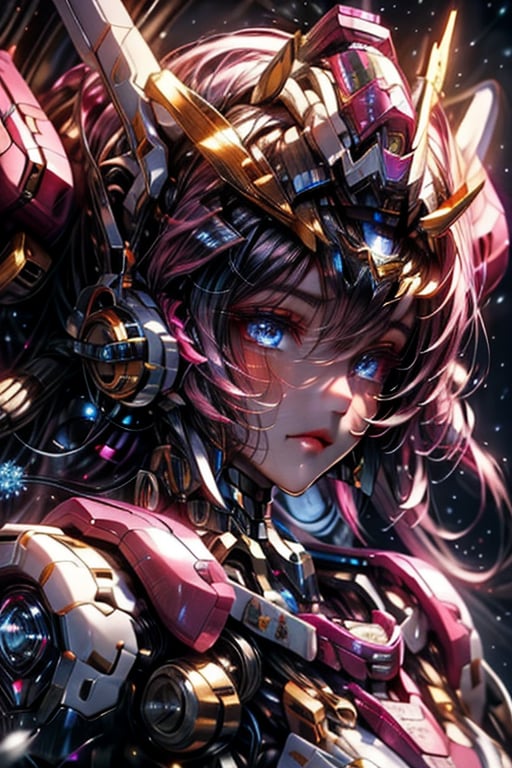 masterpiece,best quality,(photorealistic:1.4),(ultra detailed:1.3), mecha Female Arcane Technomancer: A skilled spellcaster with cybernetic implants that amplify magical prowess, combined with a neural interface for hacking into arcane networks.,Glittering Galaxy Bodysuit,Snow White Cloak with Iridescent Snowflakes: Iridescent snowflakes adorn the cape, glistening with a soft glow.,mecha musume,mecha,perfecteyes