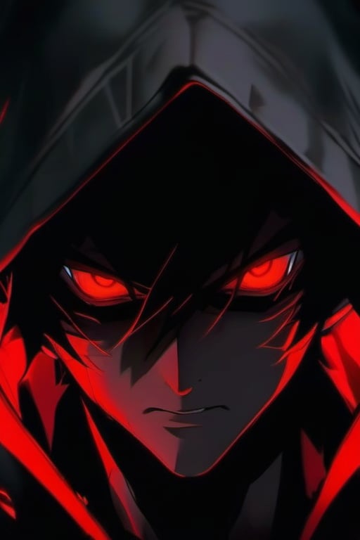 masterpiece,8k,super powerful anime protaganist villian sinister face red eyes.demon lord heavenly beauty perfect symetry,8k eyes,centered, upper body photography, upper body portrait, | boy, looking at viewer, (black hair color with red highlights), manly short hairstyle, dark red eyes, glowy eyes, | dark black hoodie, coocolor,