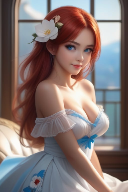 best quality,masterpiece,8k,1girl,(red hair:1.8),8k eyes blue,
,extremely_beautiful_detailed_anime_face_and_eyes,an extremely delicate and beautiful smile,dynamic angle, cinematic camera, dynamic pose,depth of field,chromatic aberration,backlighting,Watercolor, Ink, epic, candystyle, ,style,r1ge,Angelic gorgeous perfect eyes, fantastic face, caucasian, cleavage, beautiful look, detailed elegant dress, brown and blue palette, ultra focus, face ilumined, face detailed, 8k resolution, painted, dry brush, brush strokes, razumov style and garmash style , trending on artstation, sharp focus, studio photo, intricate details, highly detailed, by greg rutkowski,woman, frontview, slight smile, legs in black pantyhose, flower dress, colorful, white theme,dfdd,2d_animated,niji5,anamr, erotic, wet clothes, short black skirt, big breasts, off-shoulder, off_clothes, erotic body, sex