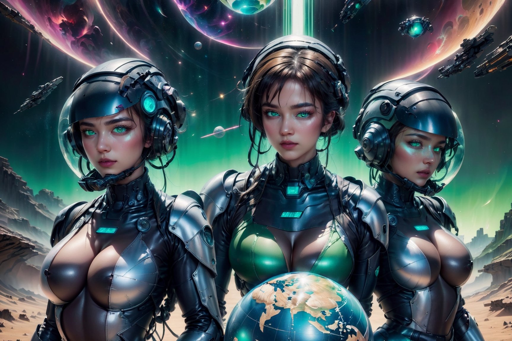 80s synthwave, remixed art by Carne griffiths, Chiaroscuro, reflective, ghosting effect, Star command, 80s style, (five women space squad:1.5) (big boobs:4), (wearing grey uniforms smooth spacesuits:2), (hermetic transparent globe helmets:3), (badass eyes, anger expressions:3), (armed with blasters:3.5), (green galaxy nebula in space background:2), wide angle cowboy shot,cyberpunk style,vaporwave style,Mechanical part