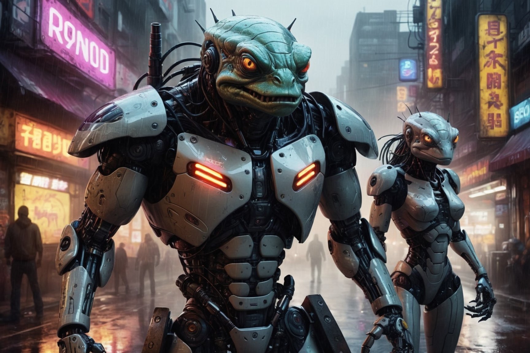 CyberCore, Squad of three armed cybernetic photorealistic angry toadmen, art style by Raymond Swanland, John Berkey, luis royo, Yoann Lossel, Cyborg prosthetics, Dark Synth, industrialpunk, neon noir, cyberpunk, dark, rainy streets, neon signs, high contrast, low light, vibrant, highly detailed, cybernetic style, futuristic, technological, cybernetic enhancements, robotics, artificial intelligence themes, lights, sf, cinematic, Rough skin, Scaly skin, Textured skin, digital art, colorful, ultra hd, realistic, vivid colors, highly detailed, UHD drawing, pen and ink, perfect composition, beautiful detailed intricate insanely detailed, rays, vivid colors reflects, luminism, cowboy shot,