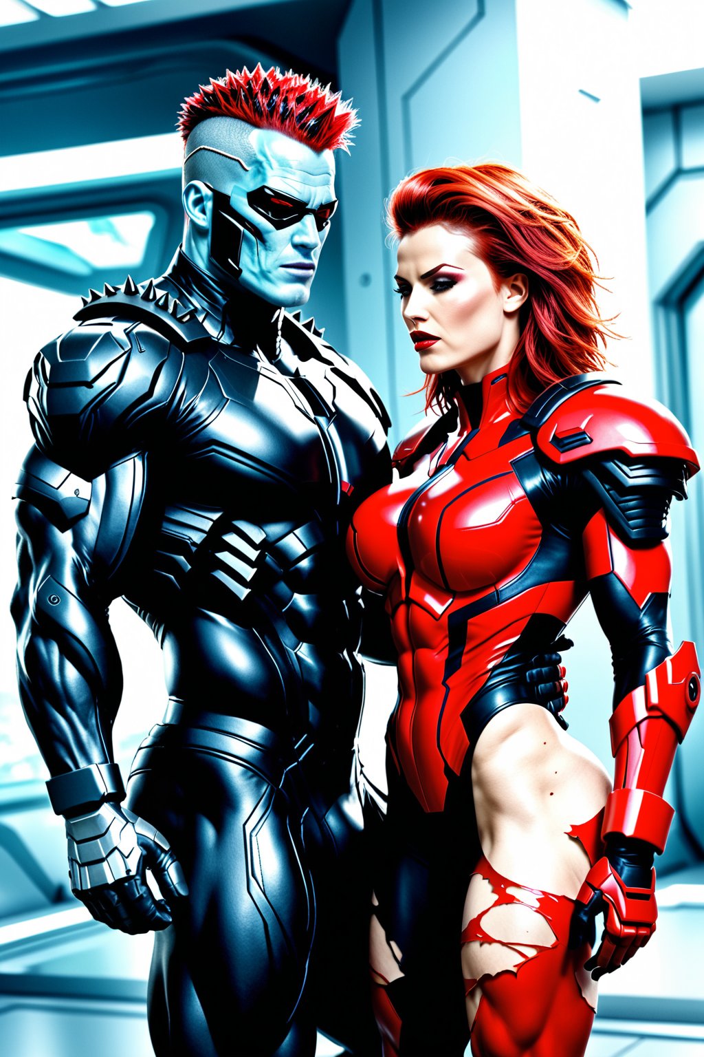 Dystopian war, Metal hurlant art style, (power couple:1.4), (a woman, extremly beautiful, ripped muscles, thicc ties, busty, red hair mistress, wearing ripped short bodysuit, shoulder pads:1.3), calm and assertive bad look, behind her back a (big alien bodyguard man, extremely muscled with light armor, spiked hair:1.3), (warfare:1.3), futuristic, dark sci-fi style, dystopian city scene, score_9_up, score_8_up, score_7_up,