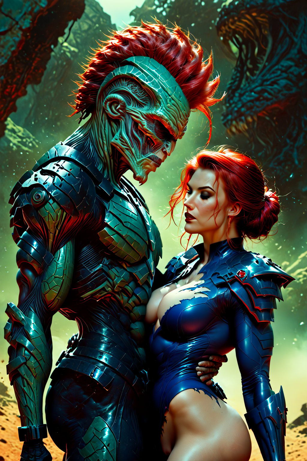 In love, Metal hurlant art style, (power couple:1.4), (a woman, extremly beautiful, ripped muscles, thicc ties, busty, red hair mistress, wearing ripped short bodysuit, shoulder pads:1.3), calm and assertive look, behind her back a (big alien man, extremely muscled with light armor, spiked hair:1.3), holding a huge heavy machinegun, futuristic, dark sci-fi style, dystopian city scene, score_9_up, score_8_up, score_7_up,