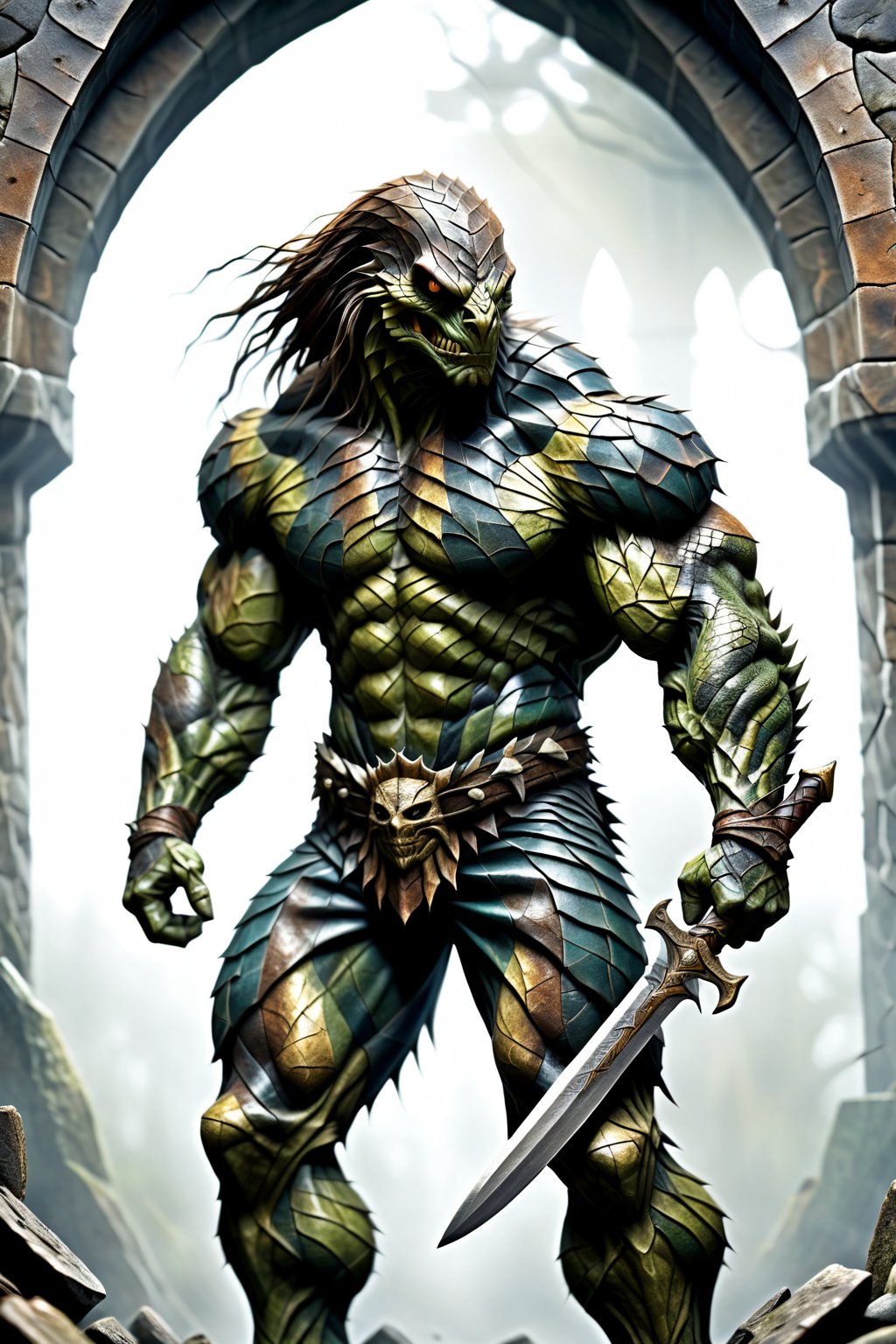 Dungeons & Dragons simon bisley art style, (realistic Anthropomorphic monster Snake with human torso:1.3), Extremely muscled and bulky, (Immensely detailed Snake full body, Rough skin, Scaly skin, Textured skin:1.2), (wearing armor:1.2) and (one holding an extra large broad blade sword in hand:1.4), rpg style, sharp focus, Immense detail, low light, (ancient dark gloomy dungeon filled with fog, bones, old rusty weapons:1.2), spider webs, aged, decayed, mossy, Chiaroscuro, action, (Glittering close up, reflective eyes, rim lighting, lights, detailed eyes), cinematic, hyperrealistic art, extremely high-resolution details, photographic, realism pushed to extreme, fine texture, incredibly lifelike, dark, 