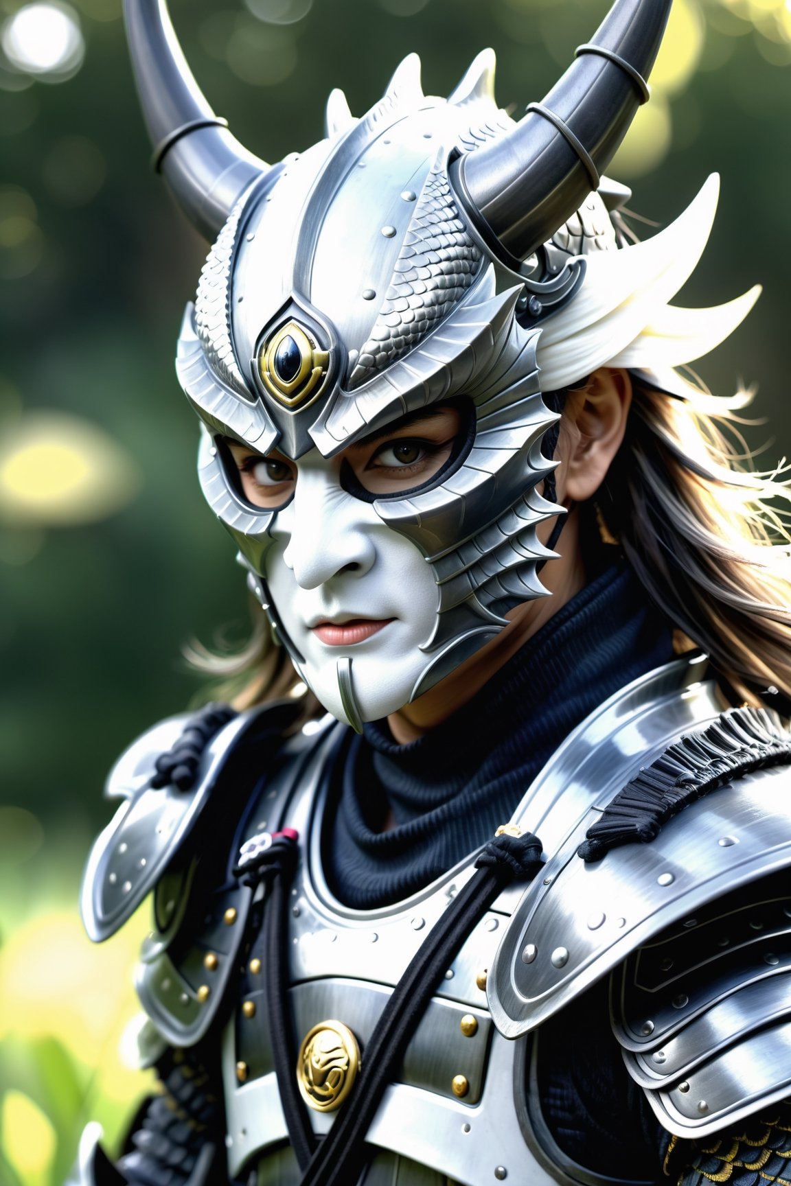 Unsplash by Karol Bak, luis royo, Peter Mohrbacher, Derrick Che, (realistic samurai shogun:1.3), (dark matte grey dragon armour:1.3), (rage mask, white iris eyes:1.2), Extremely Realistic, cinematic moviemaker style