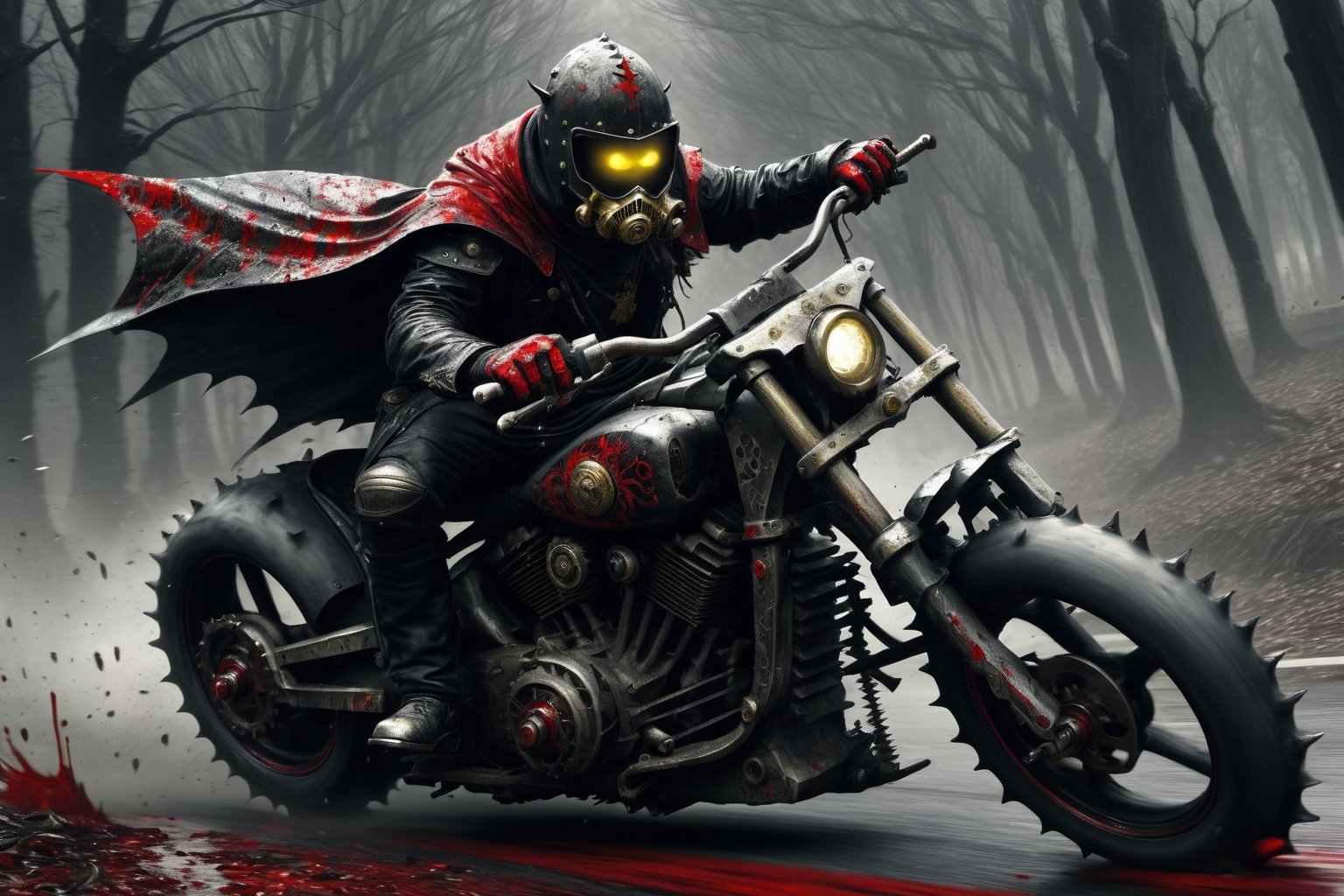 The caped Chainsaw biker, grotesquery, dark, eerie, hellish motorcycle, art by Yoann Lossel, spikes on wheels, bloody Macabre, 2000 AD comic style, red image filter, 3d ground view, High speed Slow motion, Dynamic motion blur, fisheye cam, dslr, raw photography, cinematic motion. 