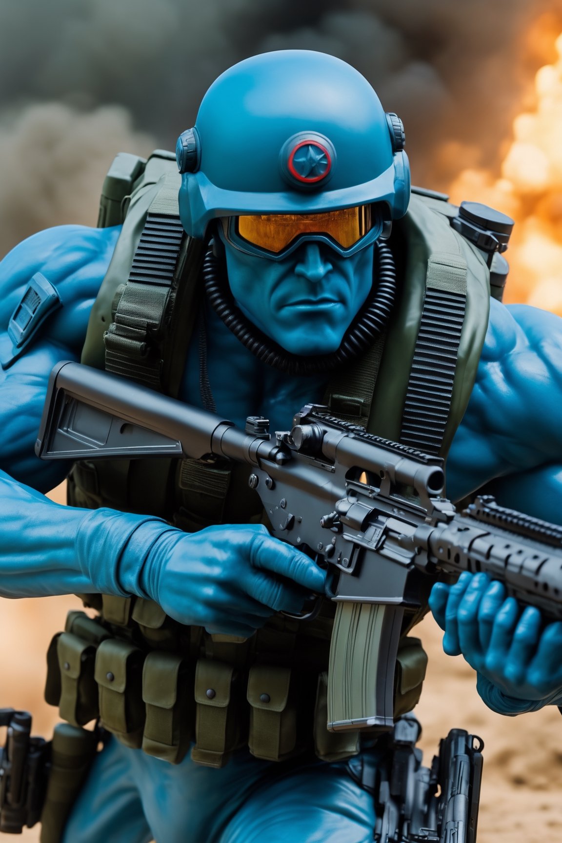 2000AD style, (Rogue Trooper:1.2), (muscular:1.2), blue skin, military sci-fi, (running in a battlefield:2), Dynamic motion blur, Laser sharp Immense detail, fov, full shot, ,3d style,4nime style