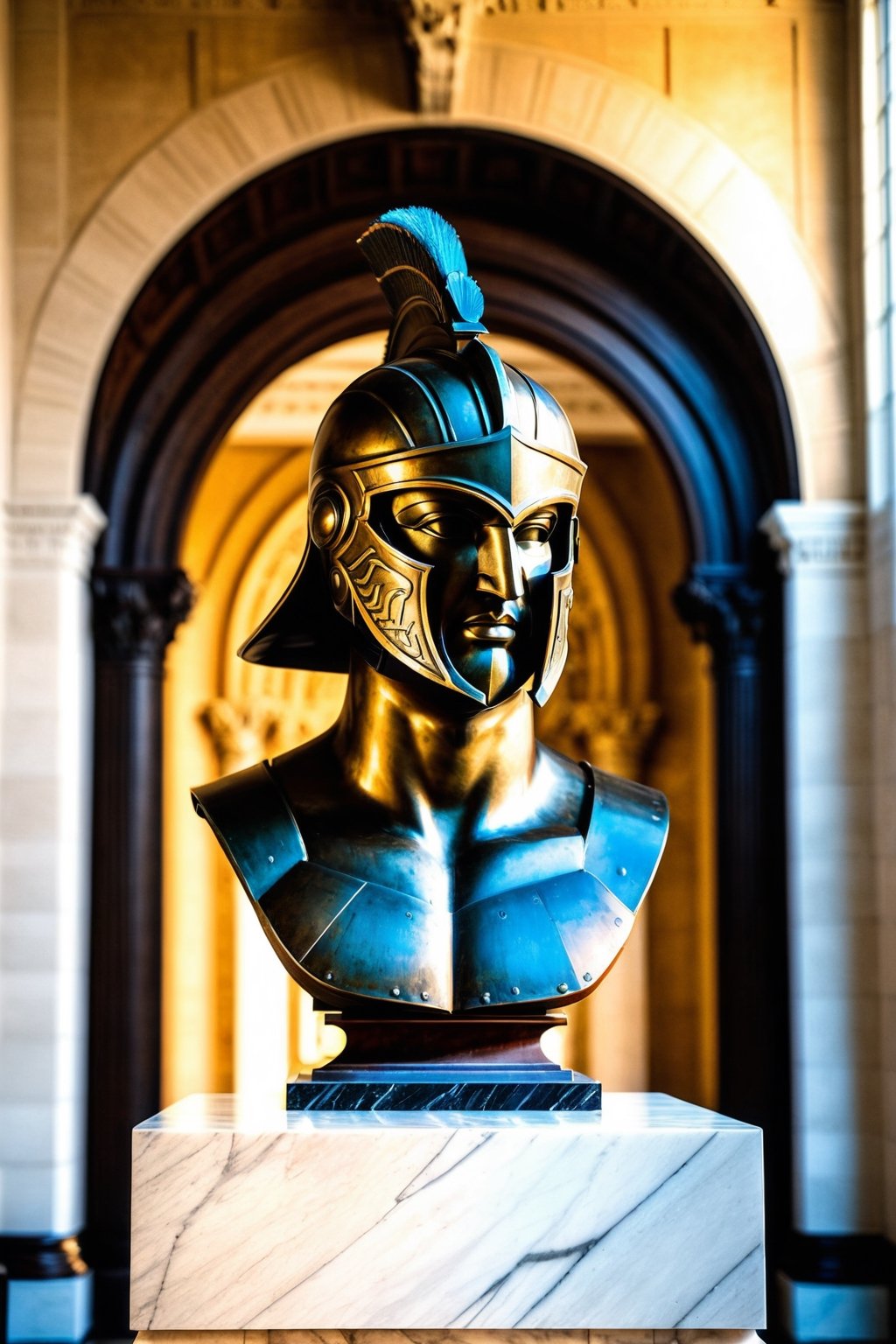 Spartan warrior cast as a bronze bust statue, positioned centrally on a marble pedestal flanked by Corinthian columns, intricate detail on the helmet plume, patina accentuating the warrior's stern features, armor embossed with historical motifs, in a grand hall with sunlight filtering through high arching windows casting soft shadows, dramatic lighting, high dynamic range, 8k resolution.