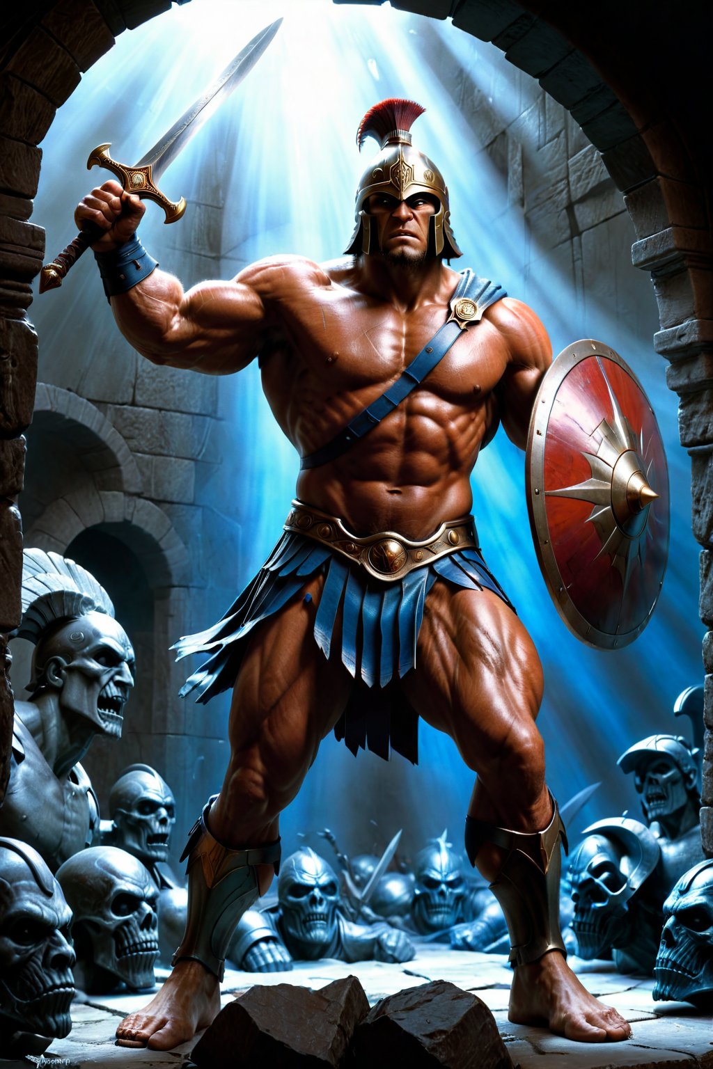 photo realism, 15mm wide-angle lens, ultra wide angle view, Art by Joe Jusko and Simon bisley, (a giant cyclops) standing in front of a (Extremely perfect anatomy), (Greek hoplite Spartan, holding sword and shield), ultra photoreal, photographic, concept art, cinematic lighting, cinematic composition, rule of thirds, mysterious, eerie, cinematic lighting, ultra-detailed, ultrarealistic, photorealism, 8k, octane render, cinematic, Textured skin, digital art, wlop, artgerm and james jean, ultra hd, realistic, highly detailed, UHD, perfect composition, beautiful detailed, intricate insanely detailed, rays, reflects. 