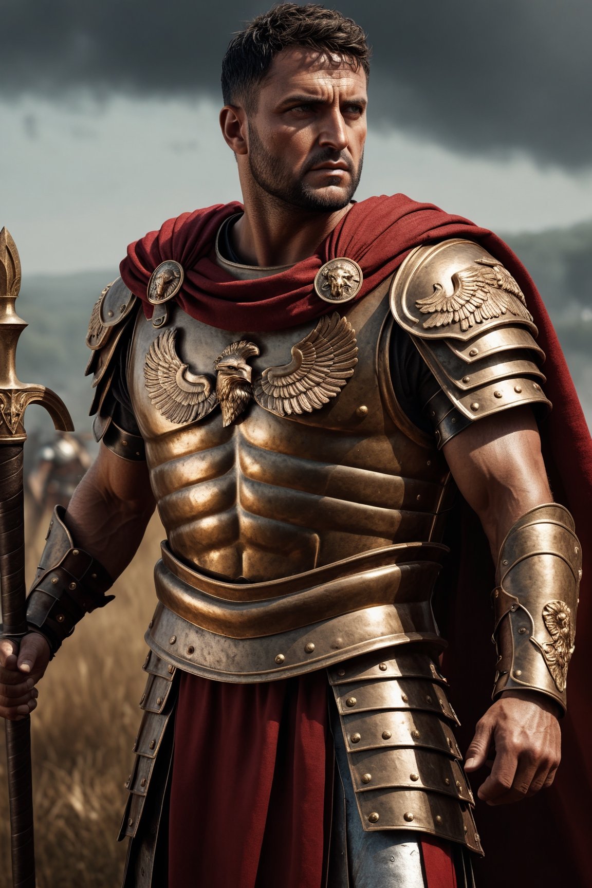 Full body shot, (Roman Centurion), bronze armor, red cape, (holding SPQR eagle staff:1), (standing tall over the battlefield), strong, rebellious, grunge, highly artistic, rough textures, incredible masterpiece, octane render, photorealism, hyperrealism, intricate details, ultra skin intricate clothes accurate hands, macro image detailed, shots, badass look, action, perfect eyes, best quality, extremely sharp focus face, analog fine film grain, cinematic, realistic, trending artstation, focus, studio photo, details, highly rutkowski, intricate, busy, raw, 4k, 8k, isometric, digital smog, 3d render, octane volumetrics, artwork masterpiece, ominous, matte painting movie poster, golden ratio, cgsociety,make_3d