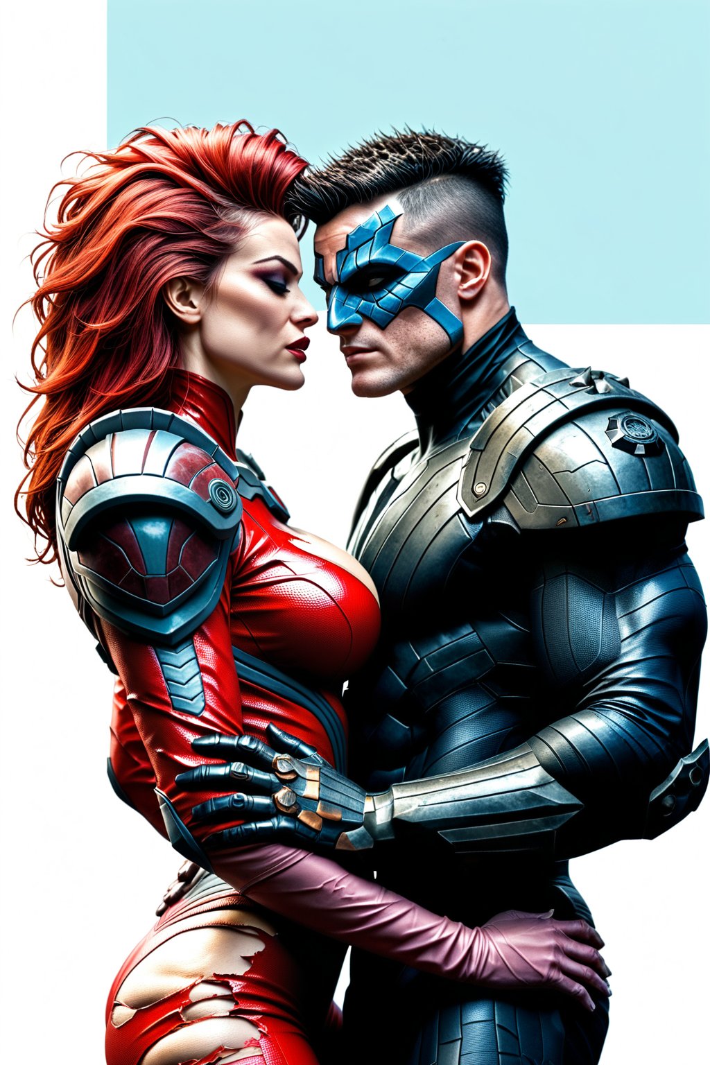 Dystopian war, Metal hurlant art style, (power couple:1.4), (a woman, extremly beautiful, ripped muscles, thicc ties, busty, red hair mistress, wearing ripped short bodysuit, shoulder pads:1.3), calm and assertive bad look, behind her back a (big alien bodyguard man, extremely muscled with light armor, spiked hair:1.3), (warfare:1.3), (futuristic dark sci-fi style, dystopian wasteland city background) , score_9_up, score_8_up, score_7_up,