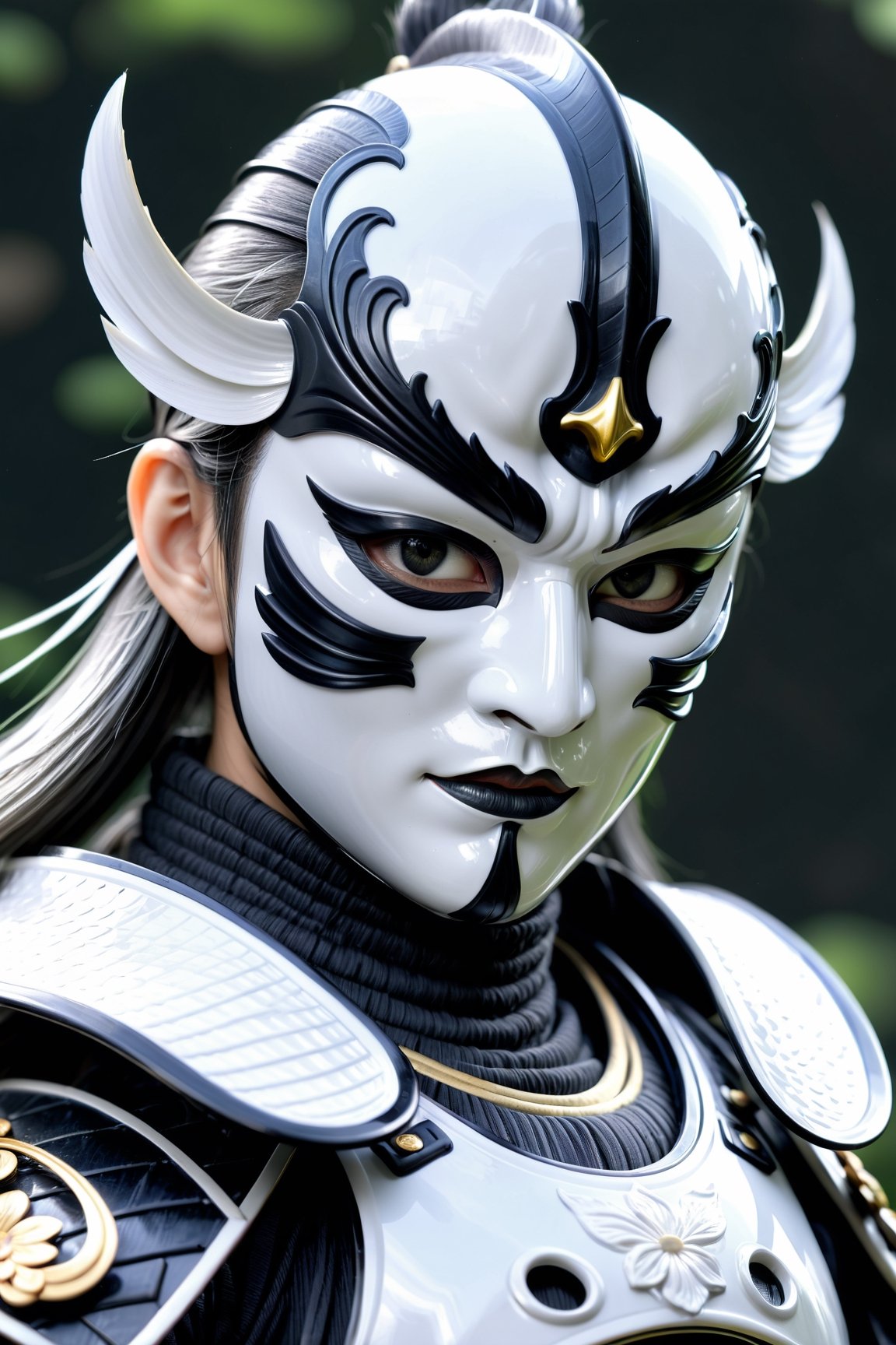 Unsplash by Karol Bak, luis royo, Peter Mohrbacher, Derrick Che, (realistic samurai shogun:1.3), (dark grey koi armour:1.3), (rage mask, white iris eyes:1.2), ZBrush final render, additional Blender details, Realistic 3d glossy effect, smooth lines, whimsical, Extremely Realistic, 