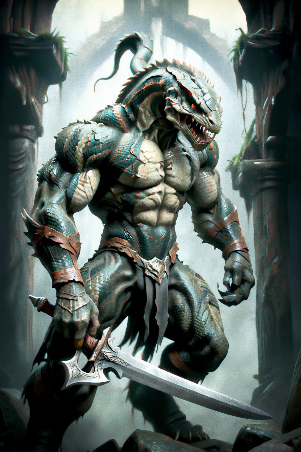 Dungeons & Dragons simon bisley art style, (realistic Anthropomorphic monster Snake with human torso:1.3), Extremely muscled and bulky, (Immensely detailed Snake full body, Rough skin, Scaly skin, Textured skin:1.2), (wearing armor:1.2), (holding a large big broad sword in hand:1.4), rpg style, sharp focus, Immense detail, low light, (ancient dark gloomy dungeon filled with fog, bones, old rusty weapons:1.2), spider webs, aged, decayed, mossy, Chiaroscuro, action, (Glittering close up, reflective eyes, rim lighting, lights, detailed eyes), cinematic, hyperrealistic art, extremely high-resolution details, photographic, realism pushed to extreme, fine texture, incredibly lifelike, dark, 