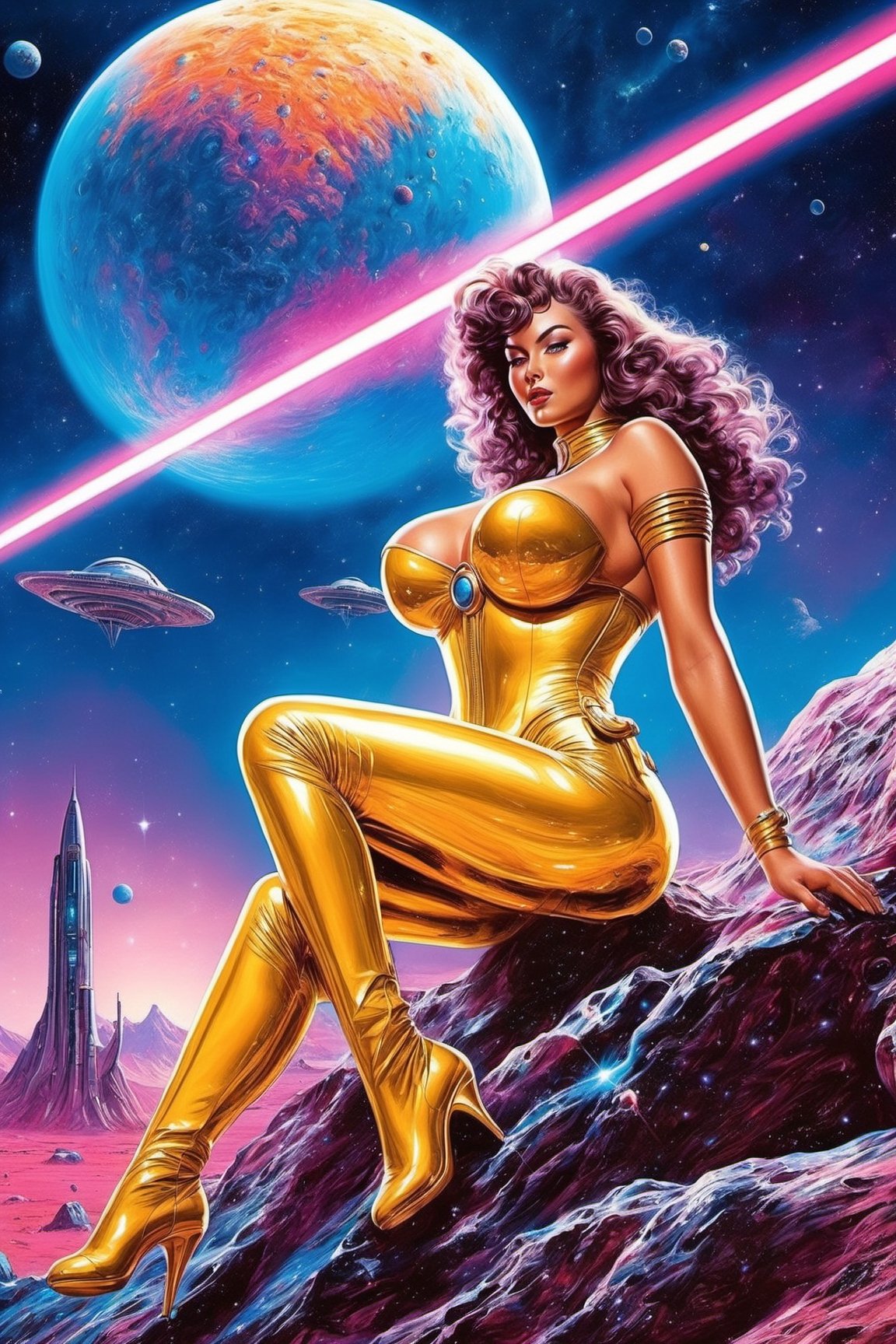 Realistic 3d glossy effect, Vintagecore, Better dead than alien, year 1940, retro futurism visions, Cosmic Horror, galactic aura symphony, infinite detail to every pore, sharp lines, additional art Bruce Pennington, (curvaceous (big breasts:1.6) spacegirl:2) standing with a laser rifle, wearing Vintage colorful body tight spacesuit, (a feet over an alien monster slime on the ground:2), a Vintage moon rocket landed, moonscape scenery,detailmaster2,p3rfect boobs,Sci-fi ,IMGFIX