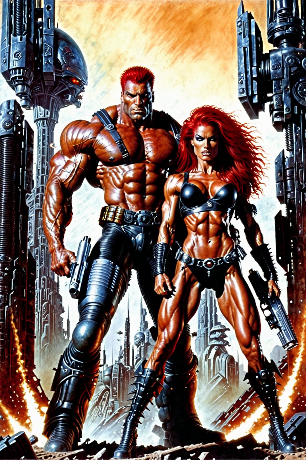 In love, Metal hurlant simon bisley art style, (a power couple:1.2), shot of (woman, extremly beautiful and ripped muscled, red hair mistress, wearing ripped clothes, expressive face, calm and assertive look:1.3), And a (big alien man, extremely muscled with light armor, spiked hair, with a huge heavy sci-fi gun:1.3), futuristic sci-fi style, score_9_up, score_8_up, score_7_up,