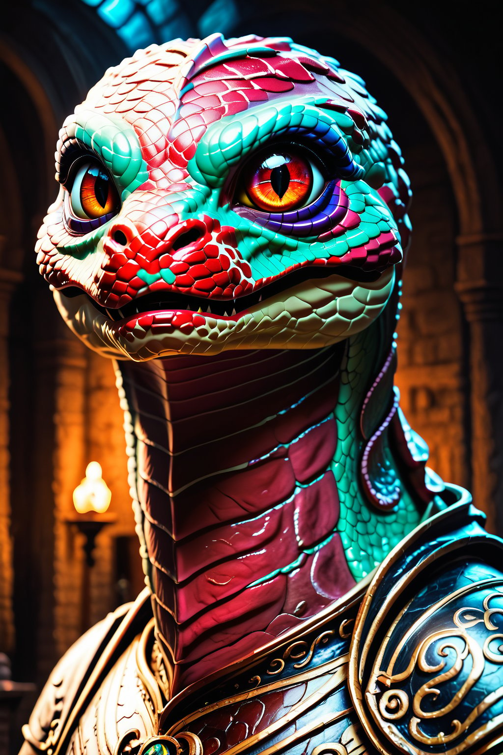 Anthropomorphic Monster, Immensely detailed Snake body wearing armor sword and buckler, rpg style game, ancient gloomy dungeon, Macabre, grotesquery, Action painting, aged, decayed, mossy, Glittering close up, reflective eyes, rim lighting, lights, detailed eyes, cinematic, Rough skin, Scaly skin, Textured skin, digital art, colorful, hyperrealistic art, extremely high-resolution details, photographic, realism pushed to extreme, fine texture, incredibly lifelike, 