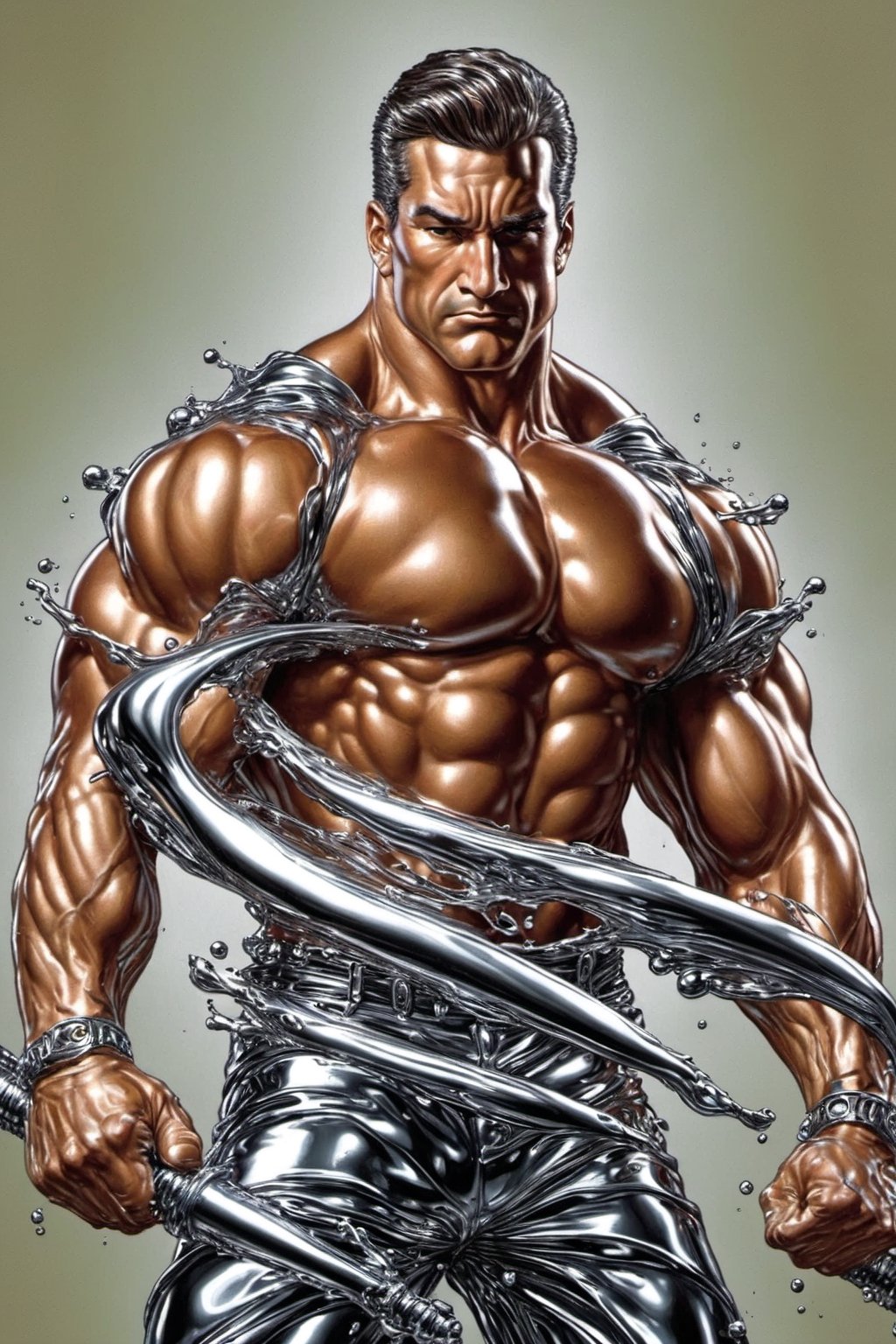 Photorealism, 8k, sharpest detail, (Man with (full) body made of chrome:1.2), heroic front posing as bodybuilder, arms up, perfect anatomy and musculature, masterpiece art by joe madureira and joe jusko, (reflective:1.2). 