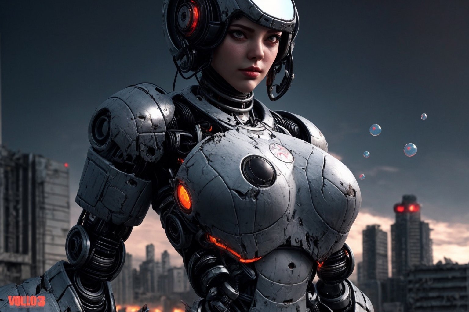 destroyed dystopian city, photorealistic style art , ultra big voluptuous boobs, fitness ripped muscled body female wearing a full bubble smooth shaped, large war cybernetic Mechanized mobile armor, with damage dents, matte Metalic dark grey dark orange colors smooth surfaces Cyborg prosthetics, 1 girl,3DMM