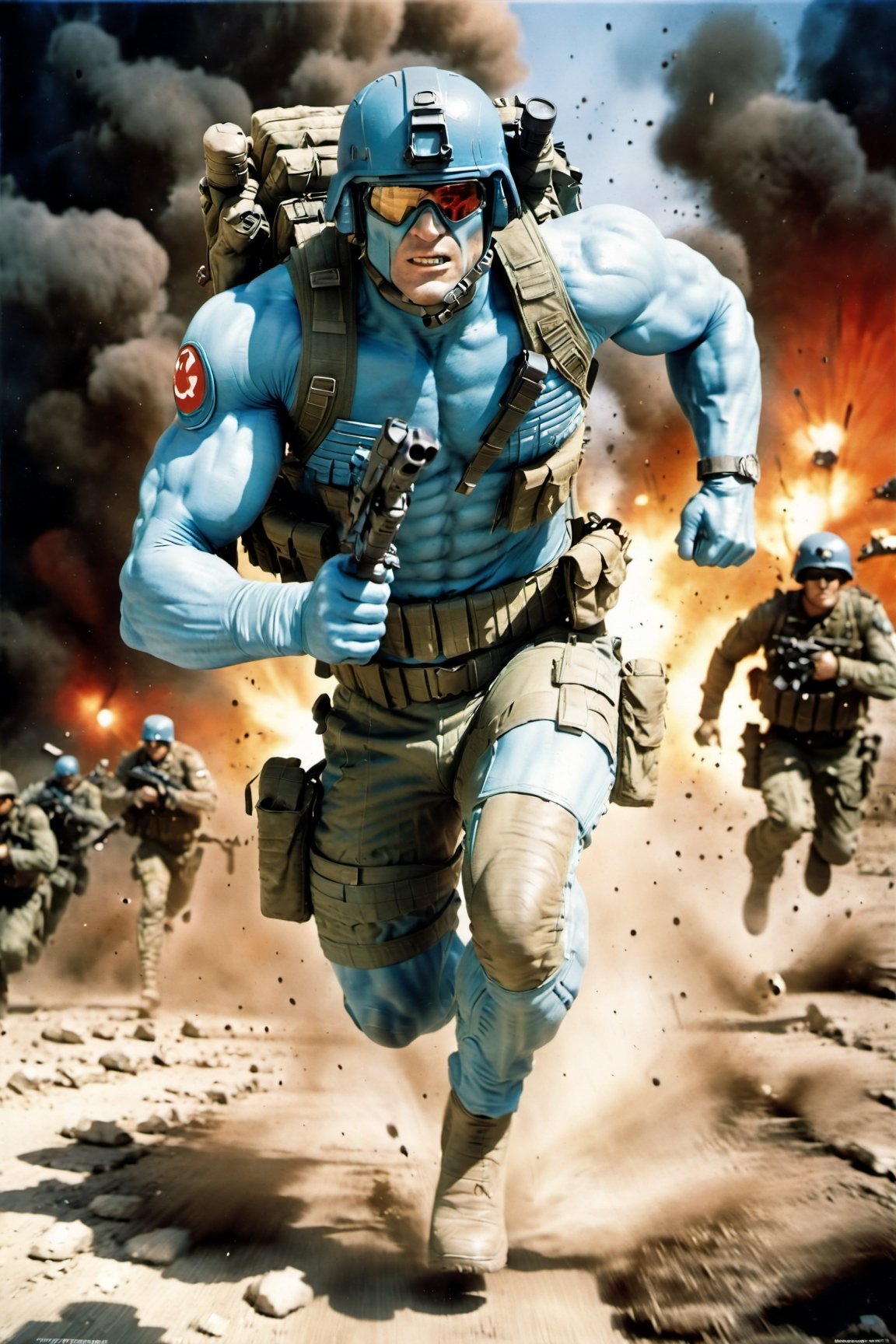 2000AD style, (Rogue Trooper:1.2), (muscular:1.2), blue skin, military sci-fi, (running in a battlefield:2), Dynamic motion blur, Laser sharp Immense detail, fov, full shot,NightmareFlame